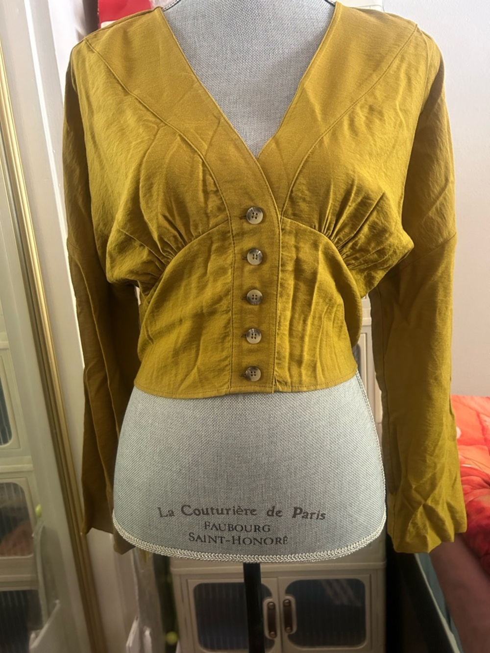 Free People Mustard Button-Front V-Neck Cropped Blouse